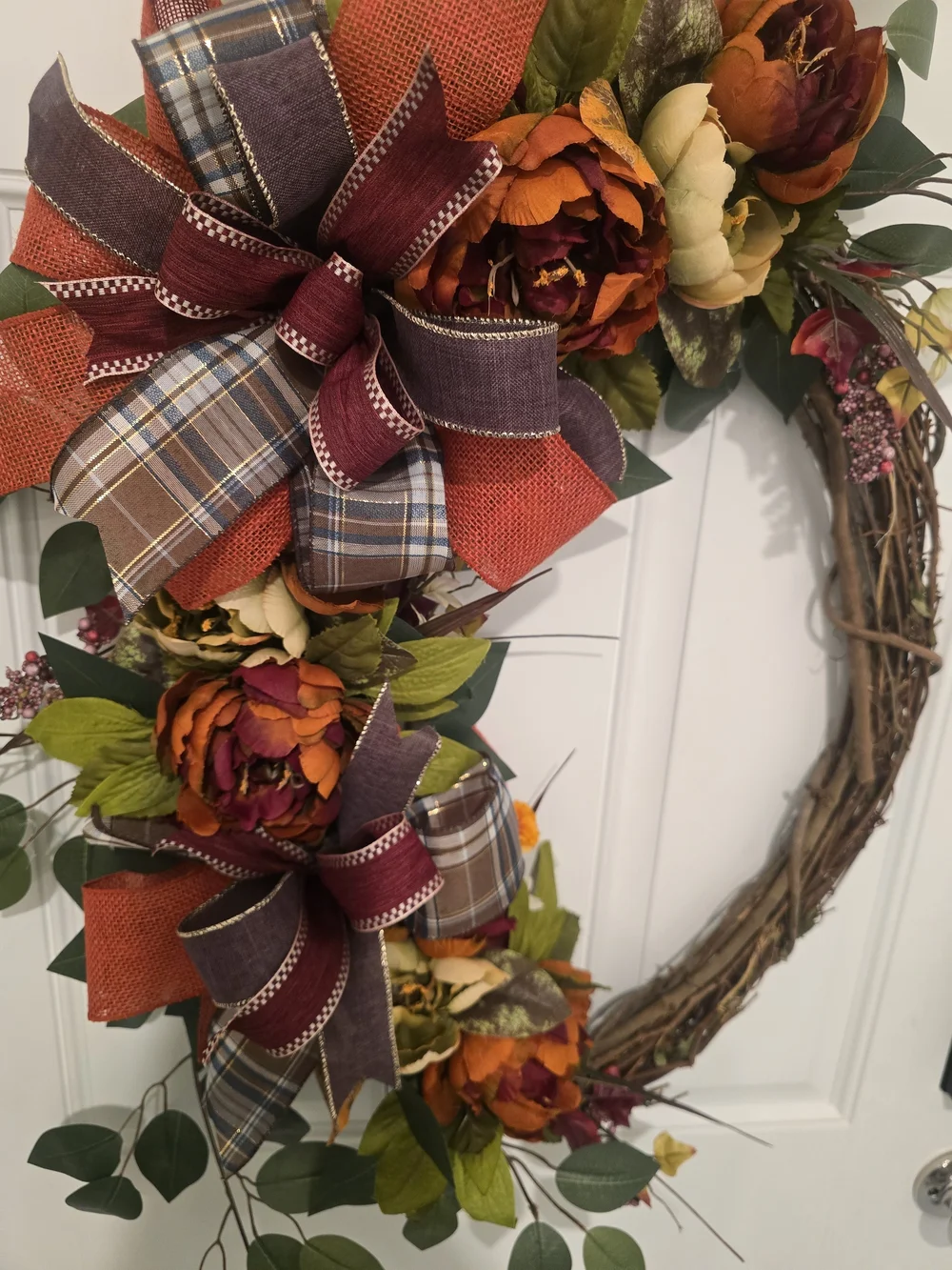 Autumn Floral Grapevine Fall Wreath with Burgundy & Orange Accents